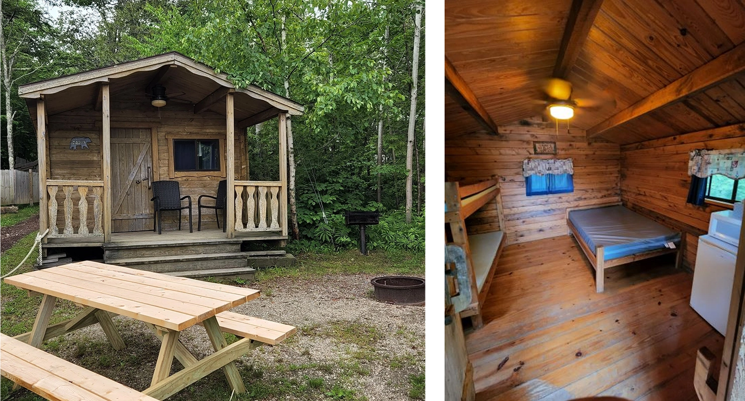 Rustic cabin exterior and interior view.
